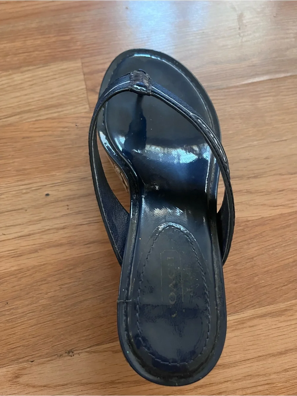 Coach Black Patent Leather Logo Wedge Thong Sandals with Monogram Platform